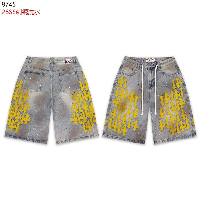 VALEFOREVER Vintage Washed Denim Shorts with Yellow 41 Embroidery Print Hover Image