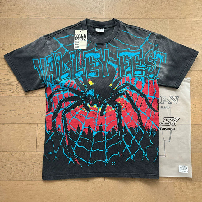 VALEFOREVER Black Washed Spider Valley Fest Retro Graphic T-Shirt Hover Image