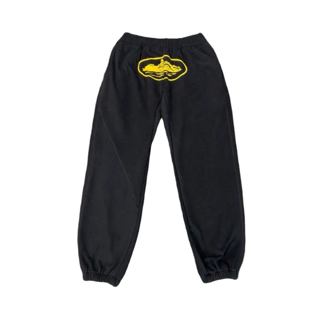 Corteiz Alcatraz Black Sweatpants — Signature Yellow Oval Logo on Relaxed-Fit Joggers Hover Image