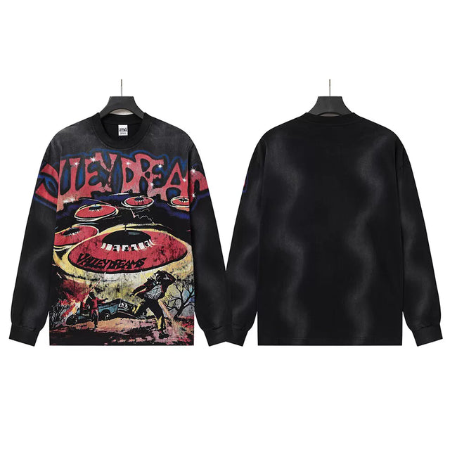 VALLEYDREAM Black Retro Eye Art Distressed Long Sleeve Graphic Tee Hover Image