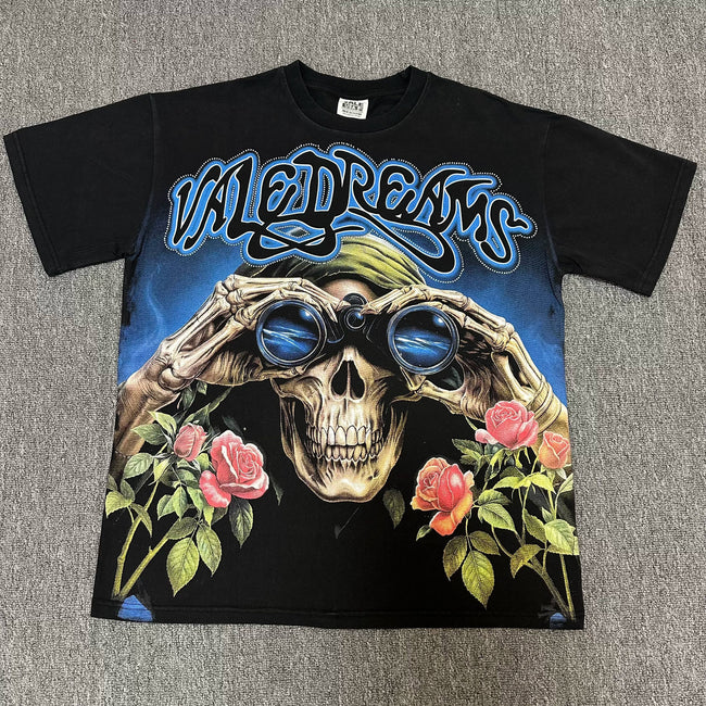 VALEFOREVER Black Skull Rose Binocular Vintage Graphic Short Sleeve T-Shirt Hover Image