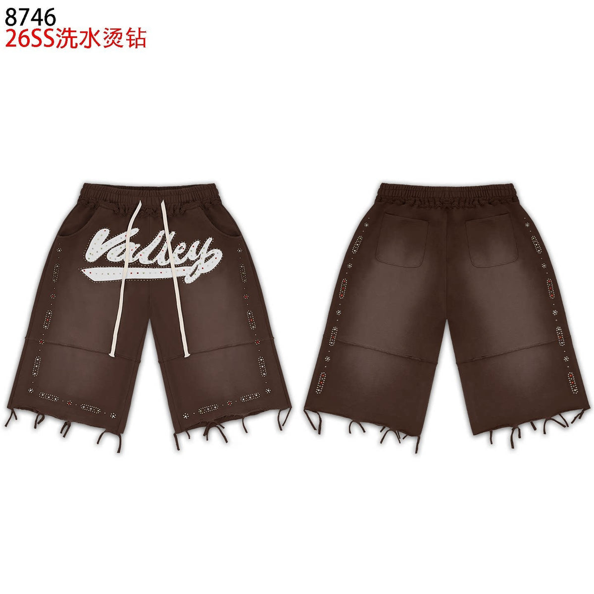 VALEFOREVER Brown Washed Rhinestone Shorts with Script Logo & Fringe Hem