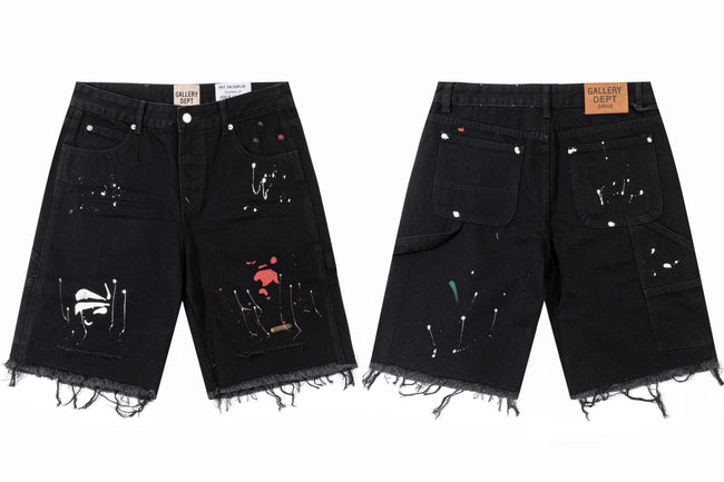 Gallery Dept. Raw-Edge Distressed Paint Splatter Denim Shorts - Black Hover Image