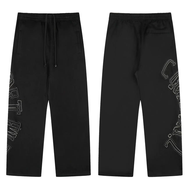 Black Minimalist Graphic Straight-Leg Sweatpants | Urban Streetwear Pants with Outline Print Detail Hover Image