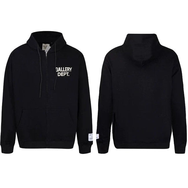 Gallery Dept Solid Black White Logo Full Zip Up Hoodie Hover Image