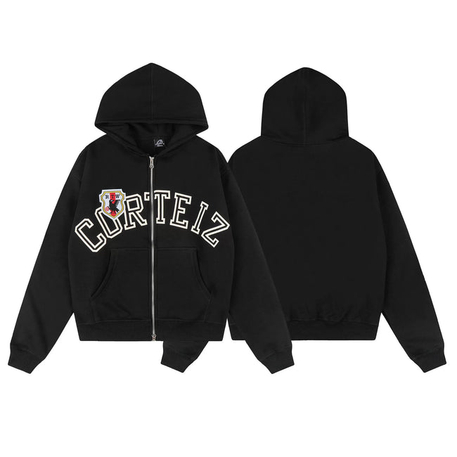 Black Graphic Zip-Up Hoodie | Streetwear Hoodie with Bold Front Lettering Design Hover Image