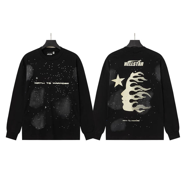Hellstar Black Starry Sky Distressed Flame Long Sleeve Top Hover Image