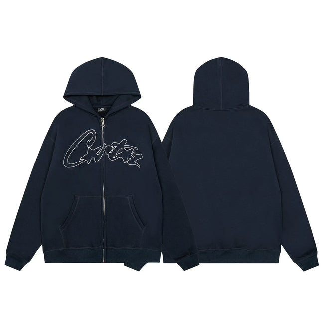 Navy Blue Graphic Zip-Up Hoodie | Premium Streetwear Hoodie with Front Script Logo Hover Image