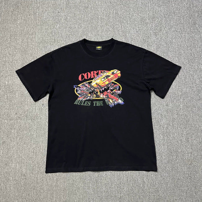 Corteiz “Rules The World” Racing Car Graphic Black T-Shirt — Retro Automotive Print on Oversized Streetwear Tee Hover Image