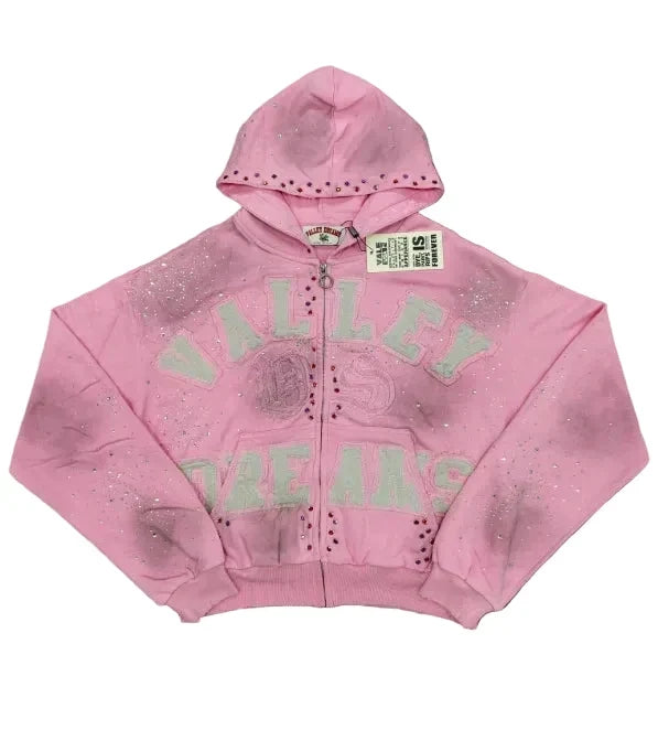 Valley Dreams Rhinestone Zip‑Up Cropped Hoodie, Unisex Pink Washed Streetwear Jacket