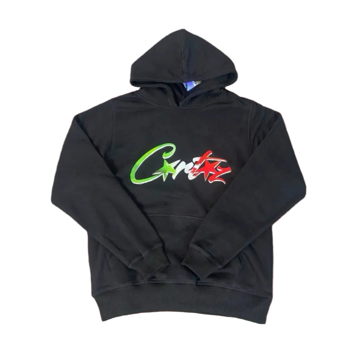 Corteiz “C-Logo” Black Hoodie — Colorful Star Graphic on Oversized Streetwear Pullover
