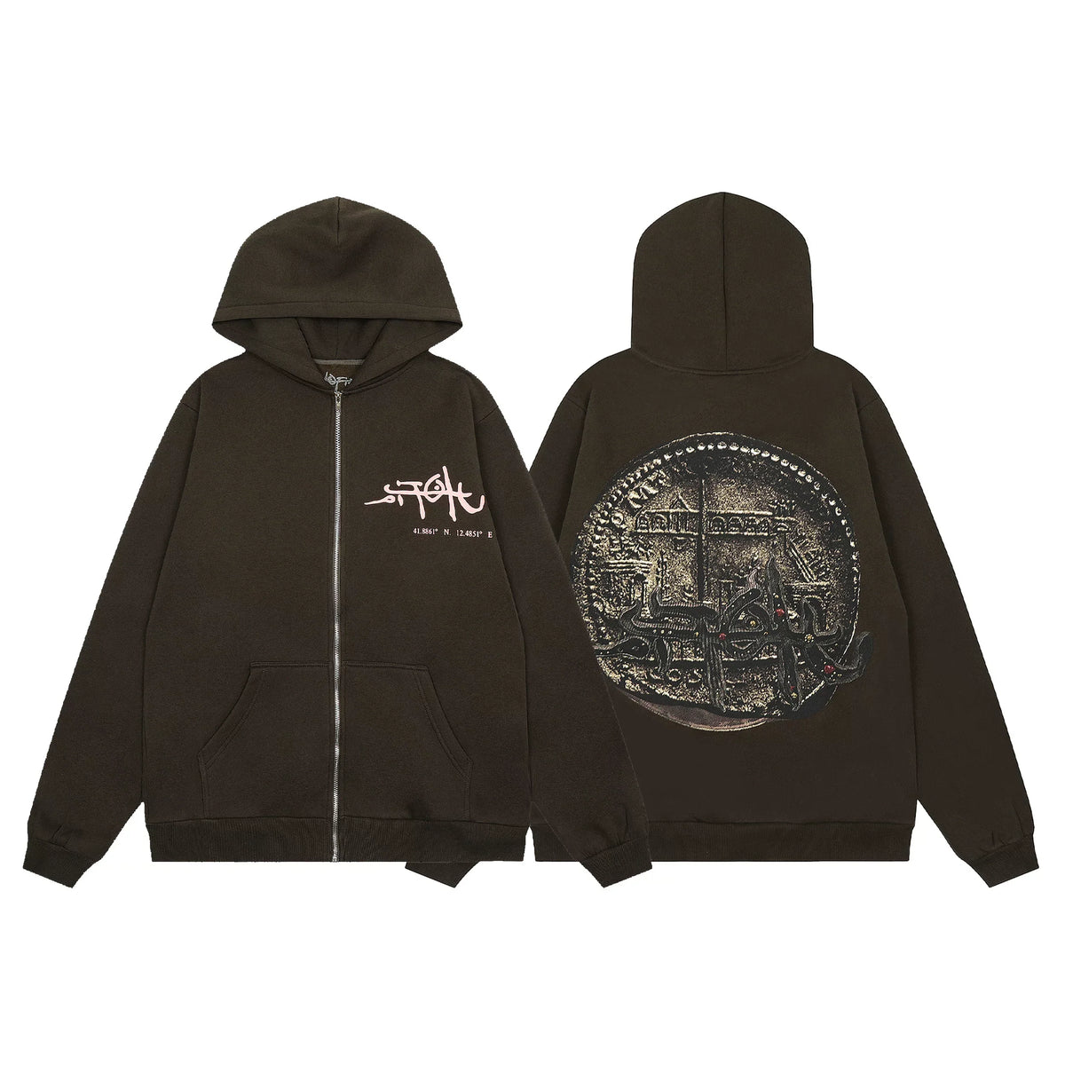 Streetwear Vintage Coin Graphic Full-Zip Hoodie - Coffee Brown