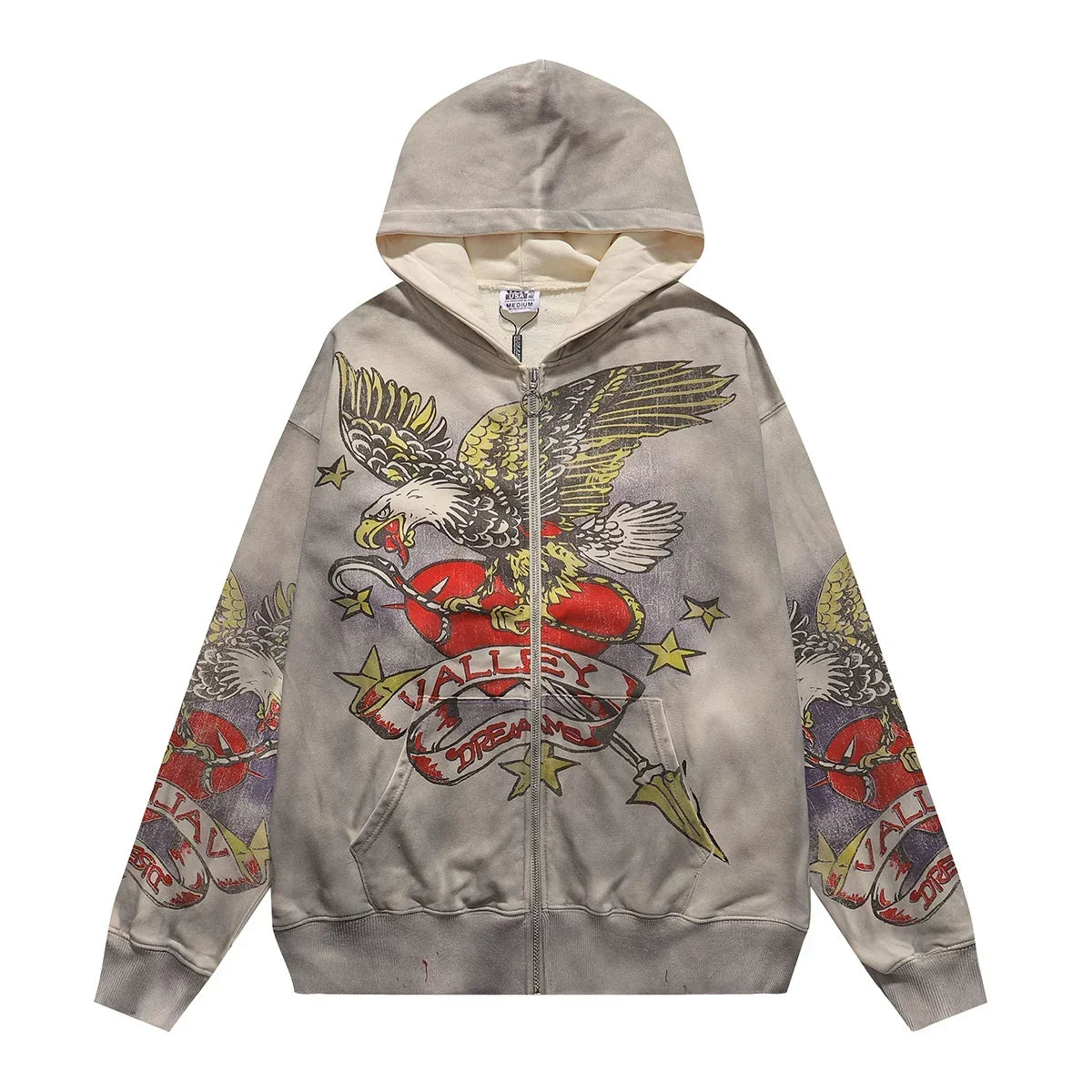 VALEFOREVER Washed Grey Eagle Graphic Zip Up Hoodie