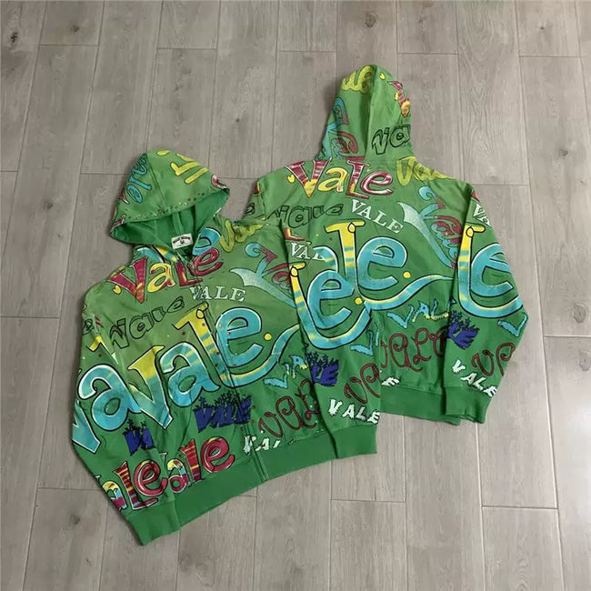 VALEFOREVER Green All Over Graffiti Print Zip Up Hoodie Hover Image