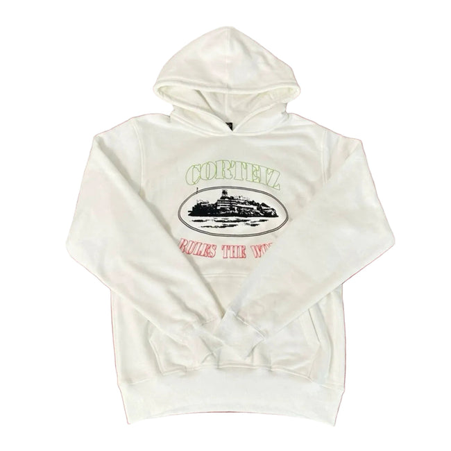 Corteiz “Alcatraz” Off-White Hoodie — Vintage Island Graphic on Oversized Streetwear Pullover Hover Image