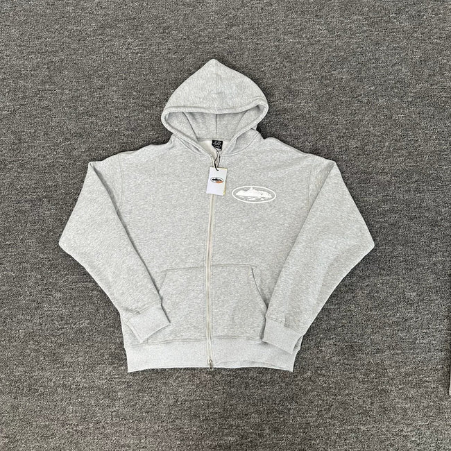 Light Grey Zip-Up Hoodie | Minimalist Streetwear Hoodie with Embroidered Logo Detail Hover Image