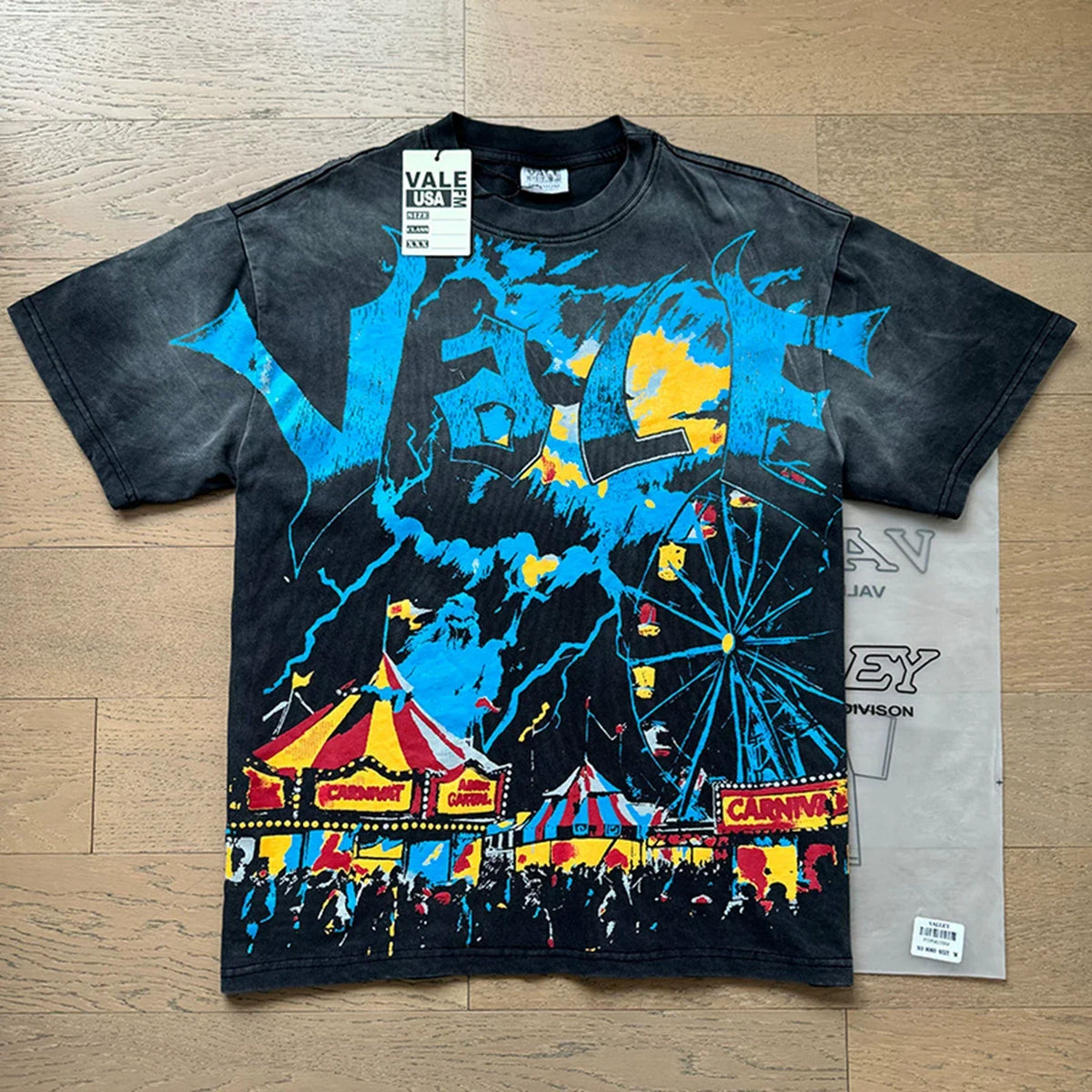 VALEFOREVER Black Washed Carnival Ferris Wheel Valley Fest Vintage Graphic T-Shirt