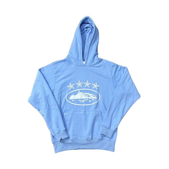Sky Blue Vintage Star Graphic Hoodie – Oversized Streetwear Pullover Sweatshirt Hover Image