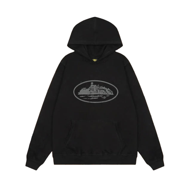 Black Vintage Graphic Hoodie – Minimalist Oversized Streetwear Pullover Hover Image