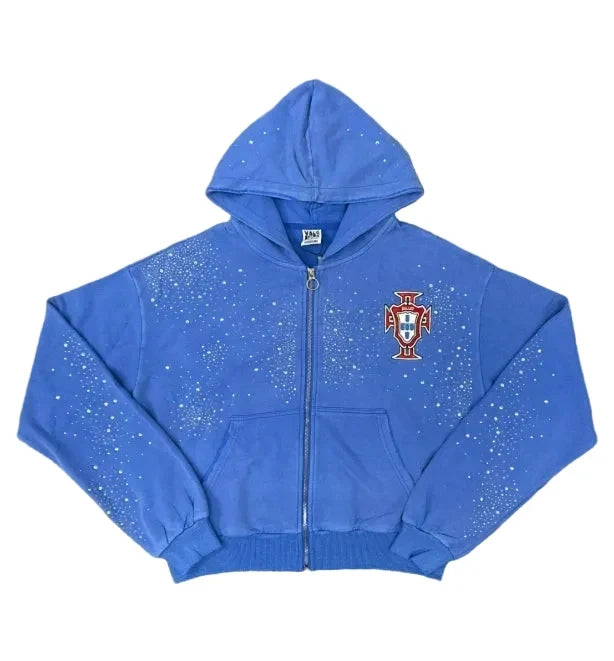 Cross‑Emblem Rhinestone Cropped Zip‑Up Hoodie, Unisex Blue Y2K Streetwear Jacket Hover Image