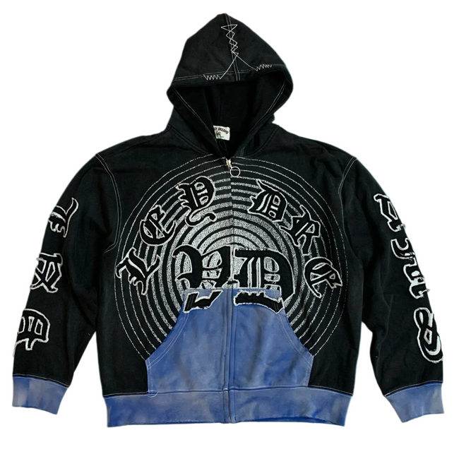 Valley Dreams Gothic‑Text Spiral Zip‑Up Hoodie, Unisex Black‑Blue Vintage Streetwear Jacket Hover Image