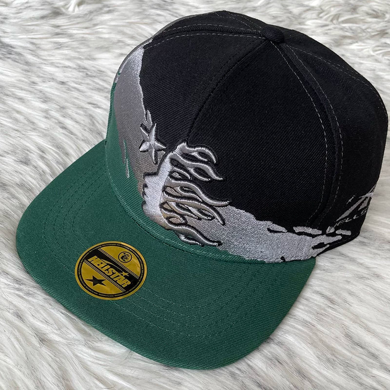 Hellstar Black Green Two-Tone Flame Star Flat Brim Cap