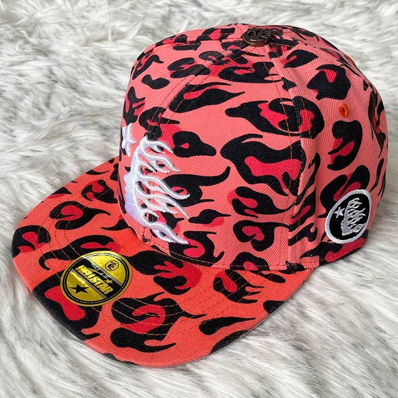 Hellstar Red Leopard Flame Star Embroidered Flat Brim Cap