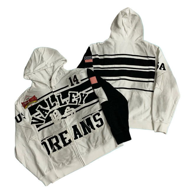 Valley Dreams Racing White‑Black Color‑Block Zip‑Up Hoodie, Unisex Vintage Streetwear Jacket Hover Image