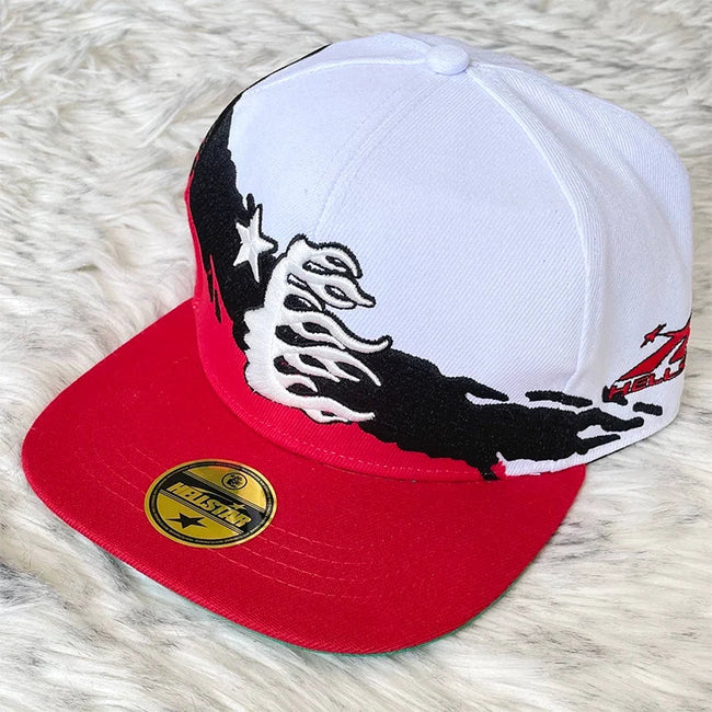Hellstar White Red Flame Patchwork Flat Brim Cap Hover Image