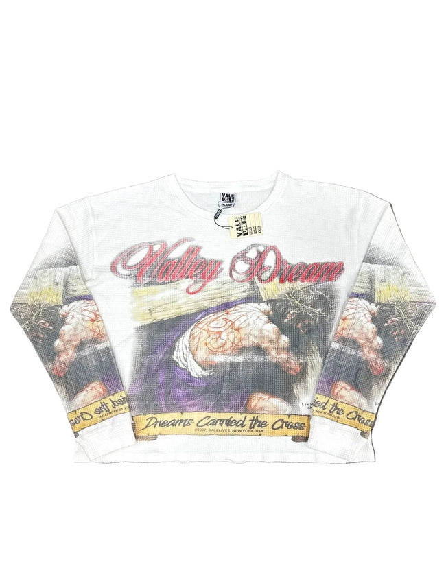Valley Dream Vintage Graphic Waffle‑Knit Long‑Sleeve Top, Unisex White Y2K Streetwear Shirt Hover Image