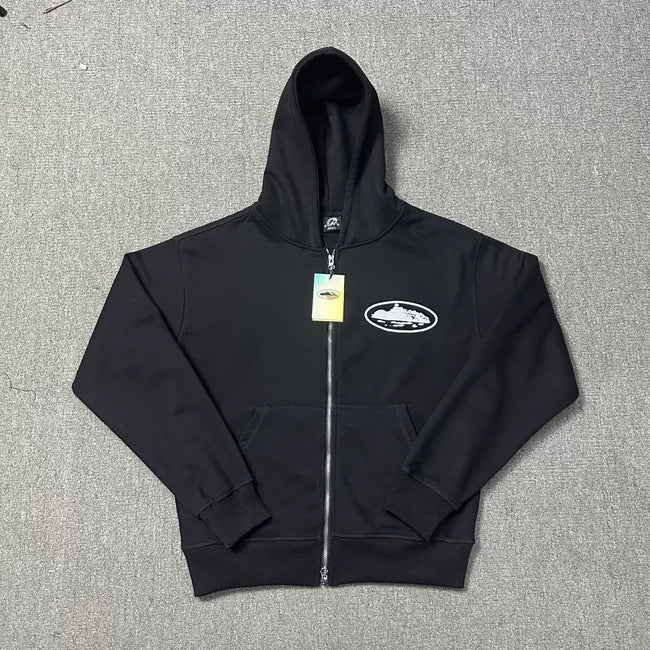 Black Zip-Up Hoodie | Minimalist Streetwear Hoodie with Embroidered Logo Detail Hover Image