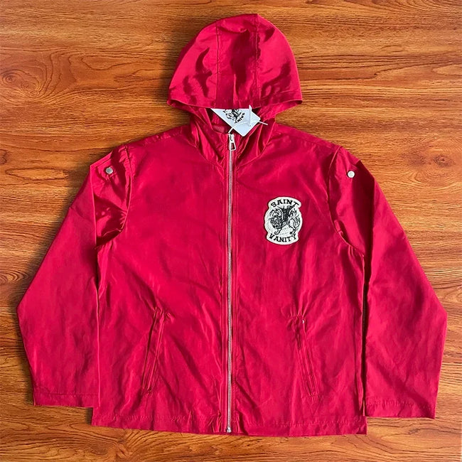 SAINT VANITY Embroidered Rivet Sports Style Casual Windbreaker - Red Hover Image