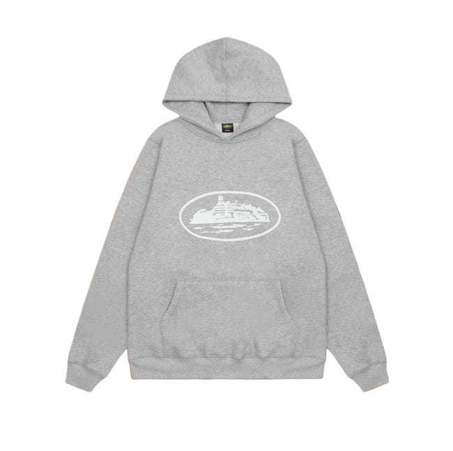 Grey Vintage Graphic Hoodie – Oversized Streetwear Pullover Sweatshirt Hover Image