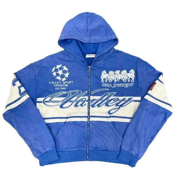 Valley Vintage Racing‑Style Zip‑Up Hoodie, Unisex Blue Washed Streetwear Jacket Hover Image