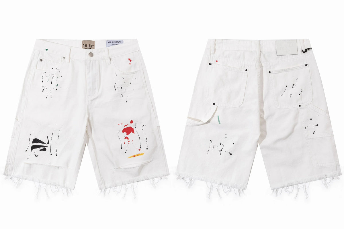 Gallery Dept. Raw-Edge Distressed Paint Splatter Denim Shorts - White