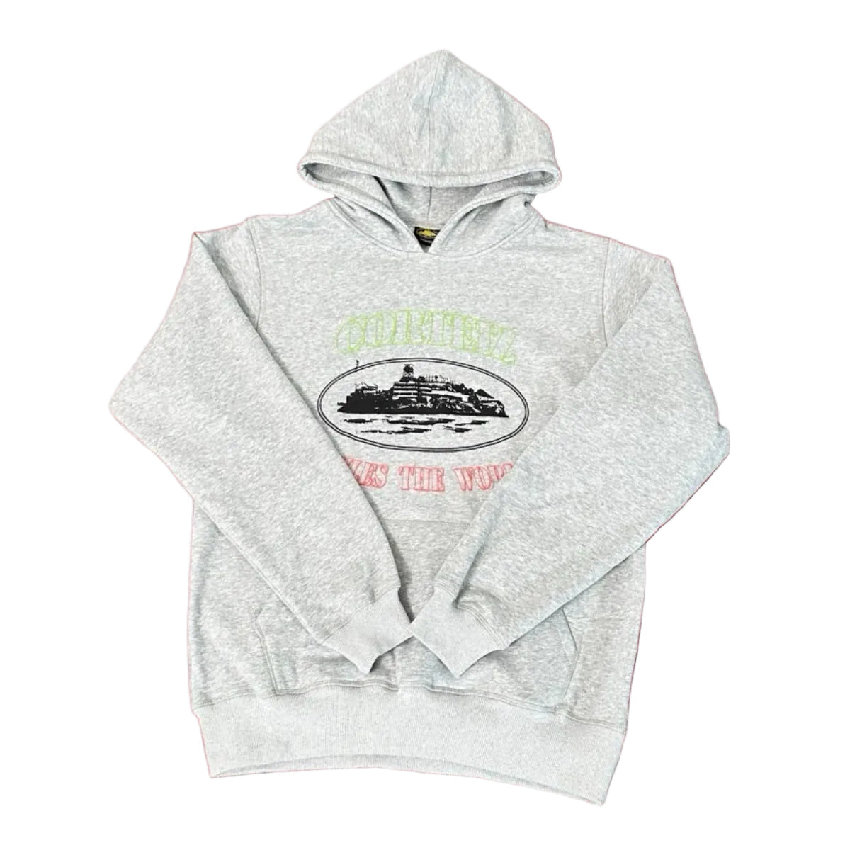 Corteiz “Alcatraz” Heather Grey Hoodie — Vintage Island Graphic on Oversized Streetwear Pullover