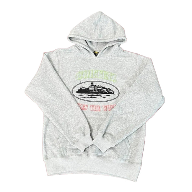 Corteiz “Alcatraz” Heather Grey Hoodie — Vintage Island Graphic on Oversized Streetwear Pullover Hover Image
