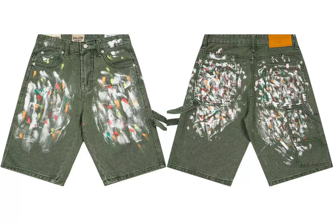 Gallery Dept. Heavy Paint Splatter Distressed Denim Shorts - Army Green Hover Image