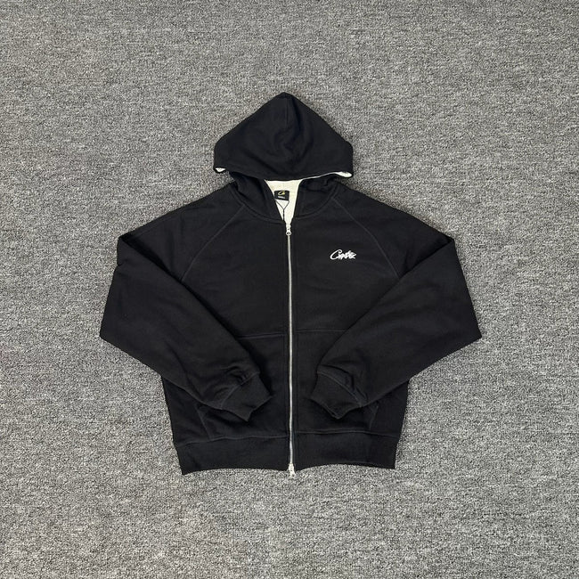 Black Zip-Up Hoodie | Minimalist Streetwear Hoodie with Small Logo Detail Hover Image
