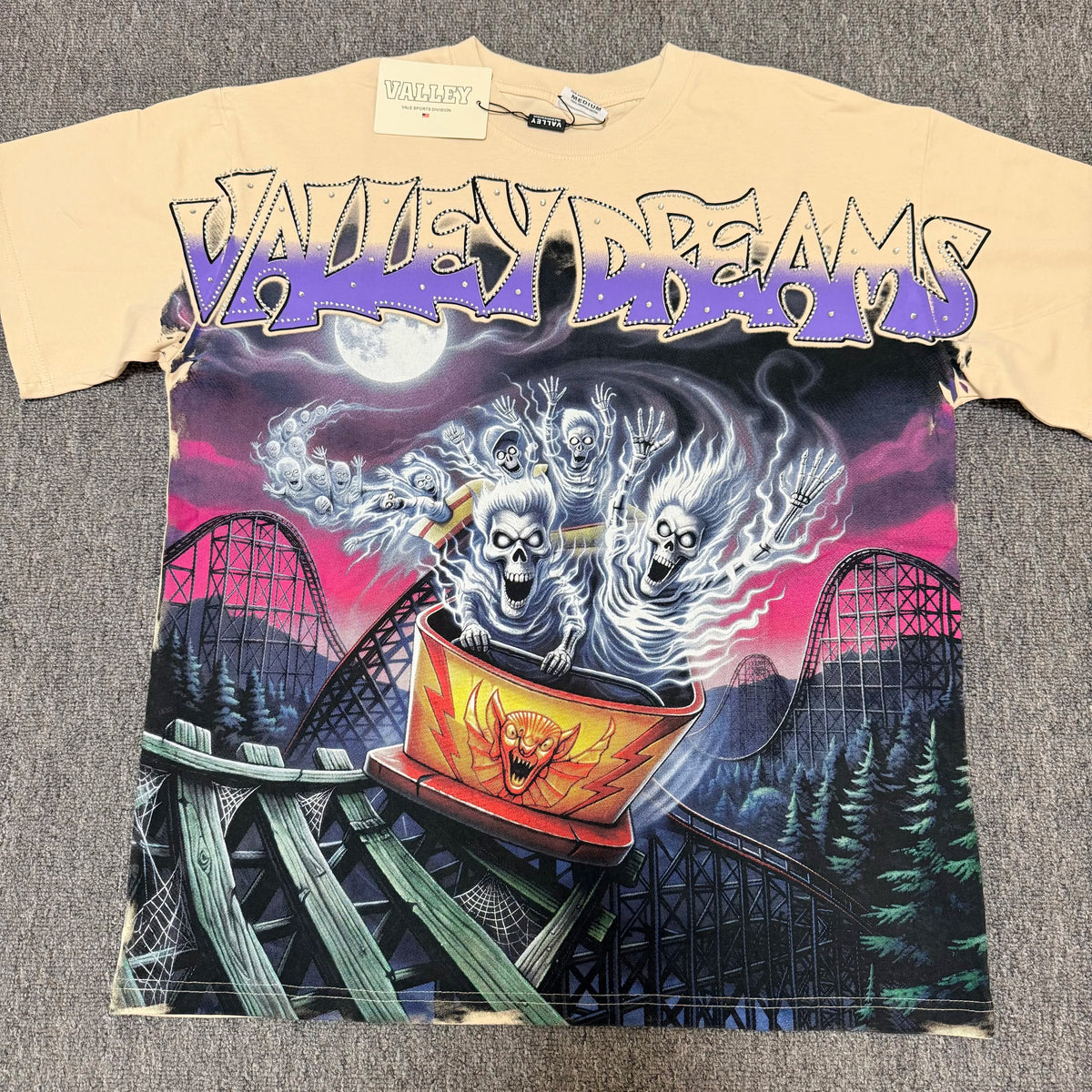 VALEFOREVER Cream Roller Coaster Skeleton Ghost Vintage Graphic Short Sleeve T-Shirt