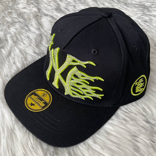 Hellstar Black Neon Green Rhinestone Letter Flat Brim Cap Hover Image