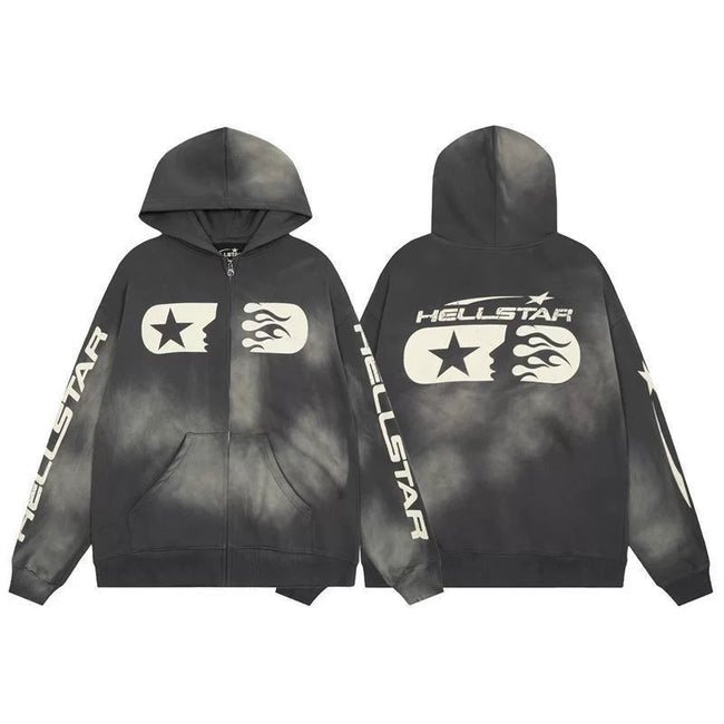 Hellstar Tie Dye Washed Star Logo Zip Hoodie Hover Image