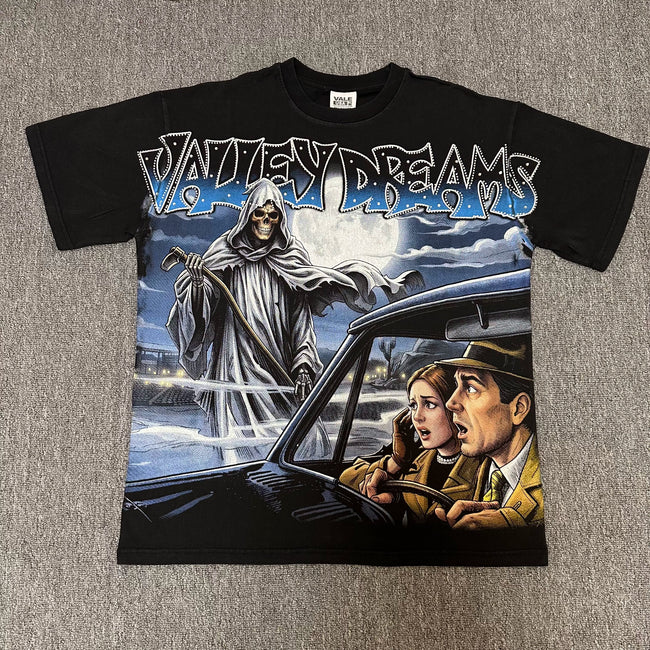 VALEFOREVER Black Grim Reaper Vintage Horror Graphic Short Sleeve T-Shirt Hover Image