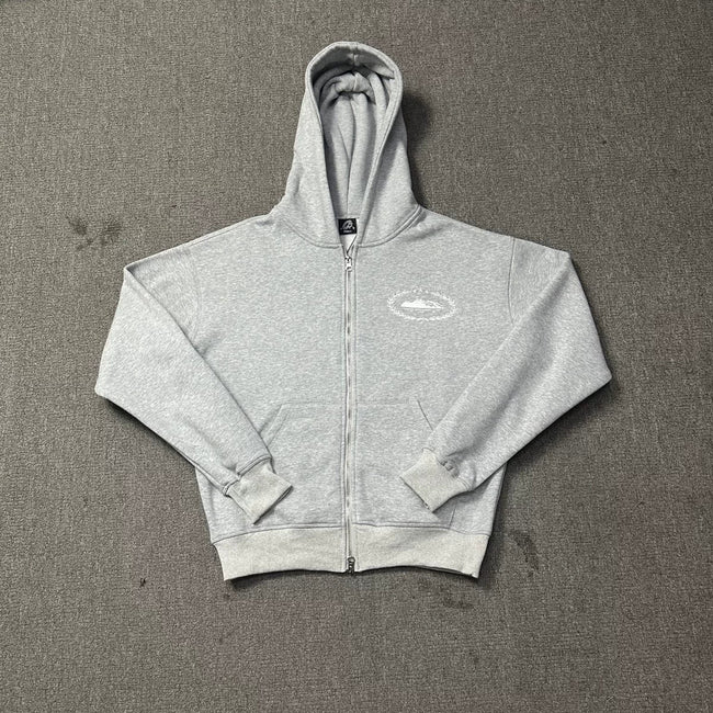 Grey Zip-Up Hoodie | Minimalist Streetwear Hoodie with Embroidered Logo Detail Hover Image