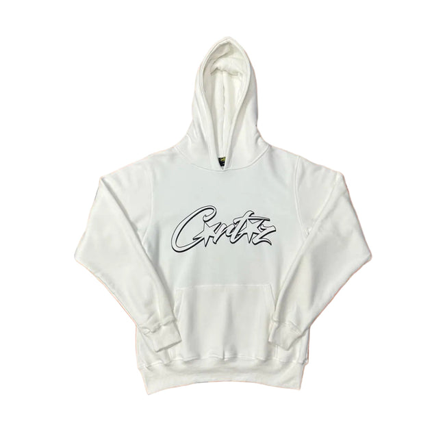 White Script Logo Hoodie – Oversized Streetwear Pullover Sweatshirt Hover Image
