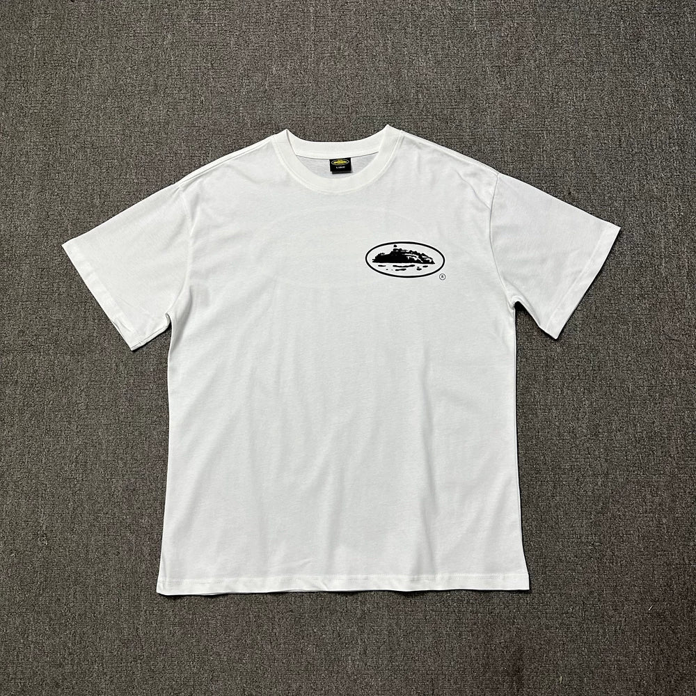 Corteiz Alcatraz Oval Logo White T-Shirt — Minimalist Streetwear Tee with Iconic Brand Emblem