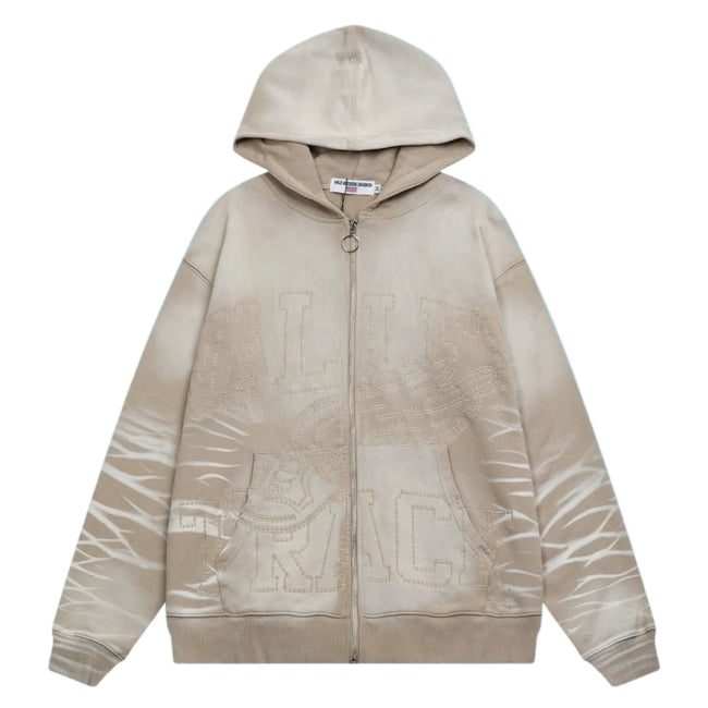 Valley Track Embossed Lightning‑Sleeve Zip‑Up Hoodie, Unisex Beige Vintage Streetwear Jacket Hover Image
