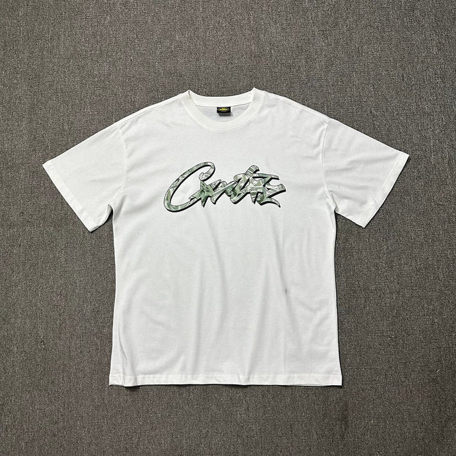 Corteiz Graffiti Script Logo White T-Shirt — Bold Streetwear Tee with Signature Handstyle Print Hover Image