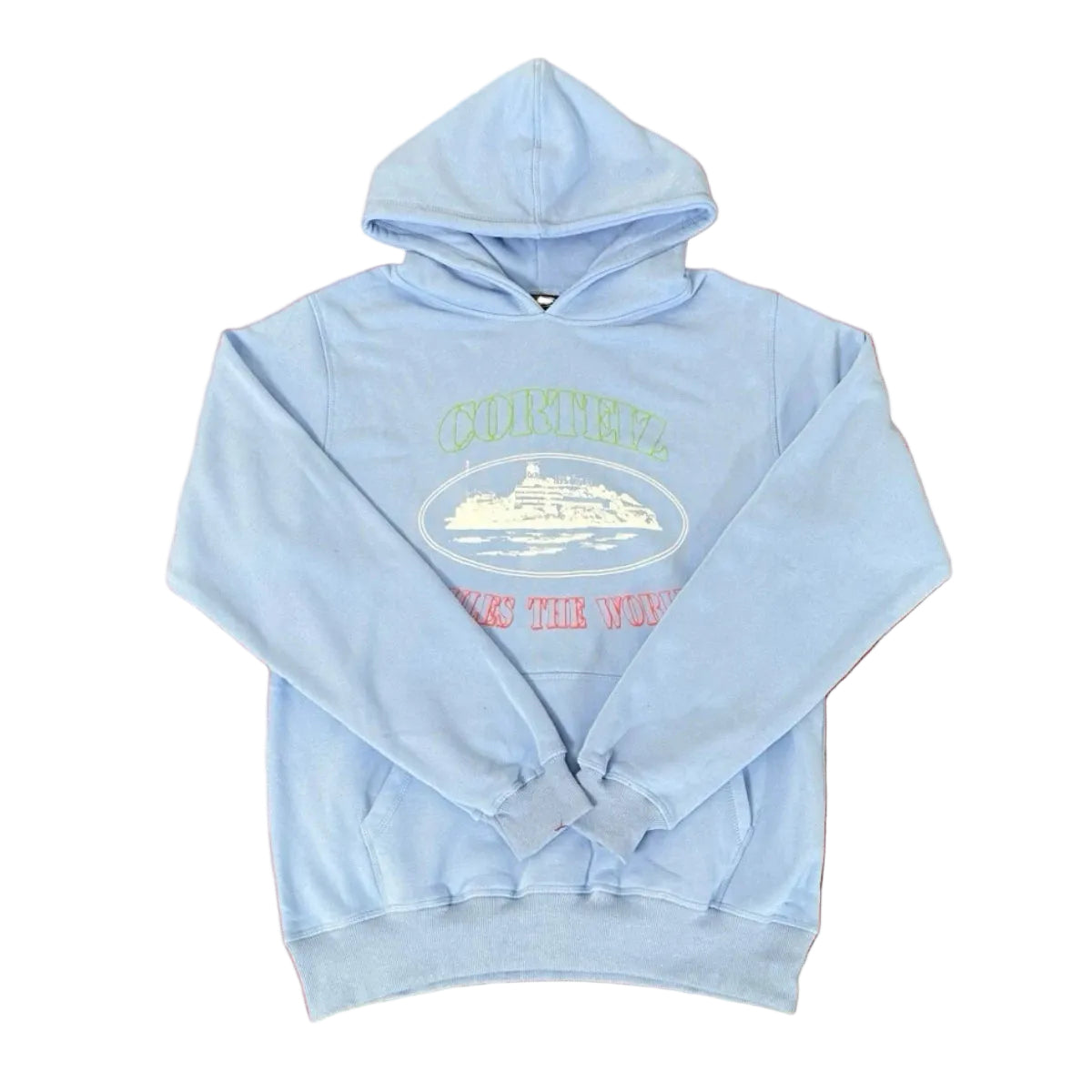 Corteiz “Alcatraz” Light Blue Hoodie — Retro Island Graphic on Oversized Streetwear Pullover