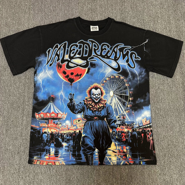 VALEFOREVER Black Carnival Clown Vintage Horror Graphic Short Sleeve T-Shirt Hover Image
